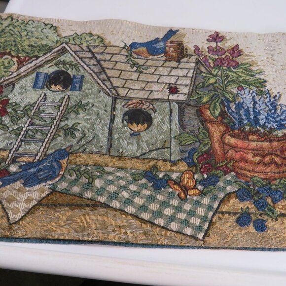 Birds & Birdhouse themed tapestry table runner Floral Spring Plaid - Picture 7 of 16